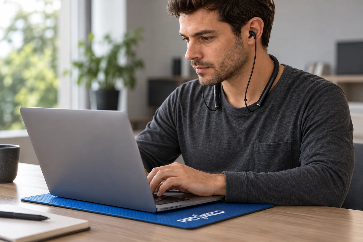 Man working on a laptop that rests on a blue ProShield pad, wearing Smart & Safe neckband air-tube earphones
